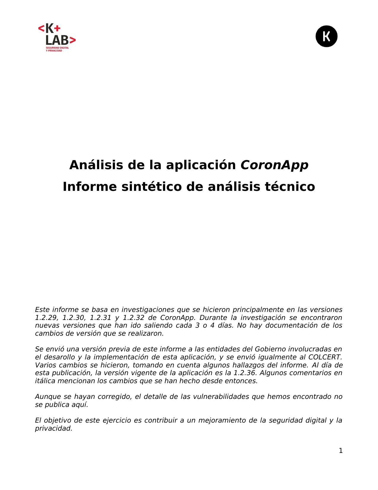 Análisis de la aplicación CoronApp Informe sintético de análisis técnico