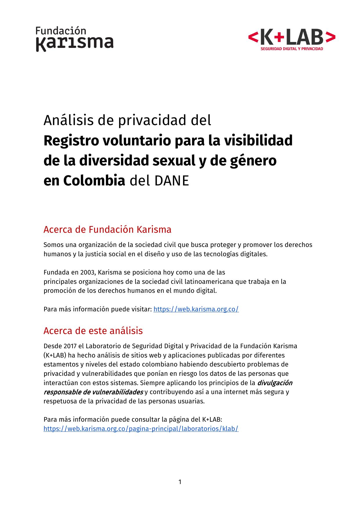 Análisis de privacidad del registro voluntario para la visibilidad de la diversidad sexual y de género en Colombia del DANE