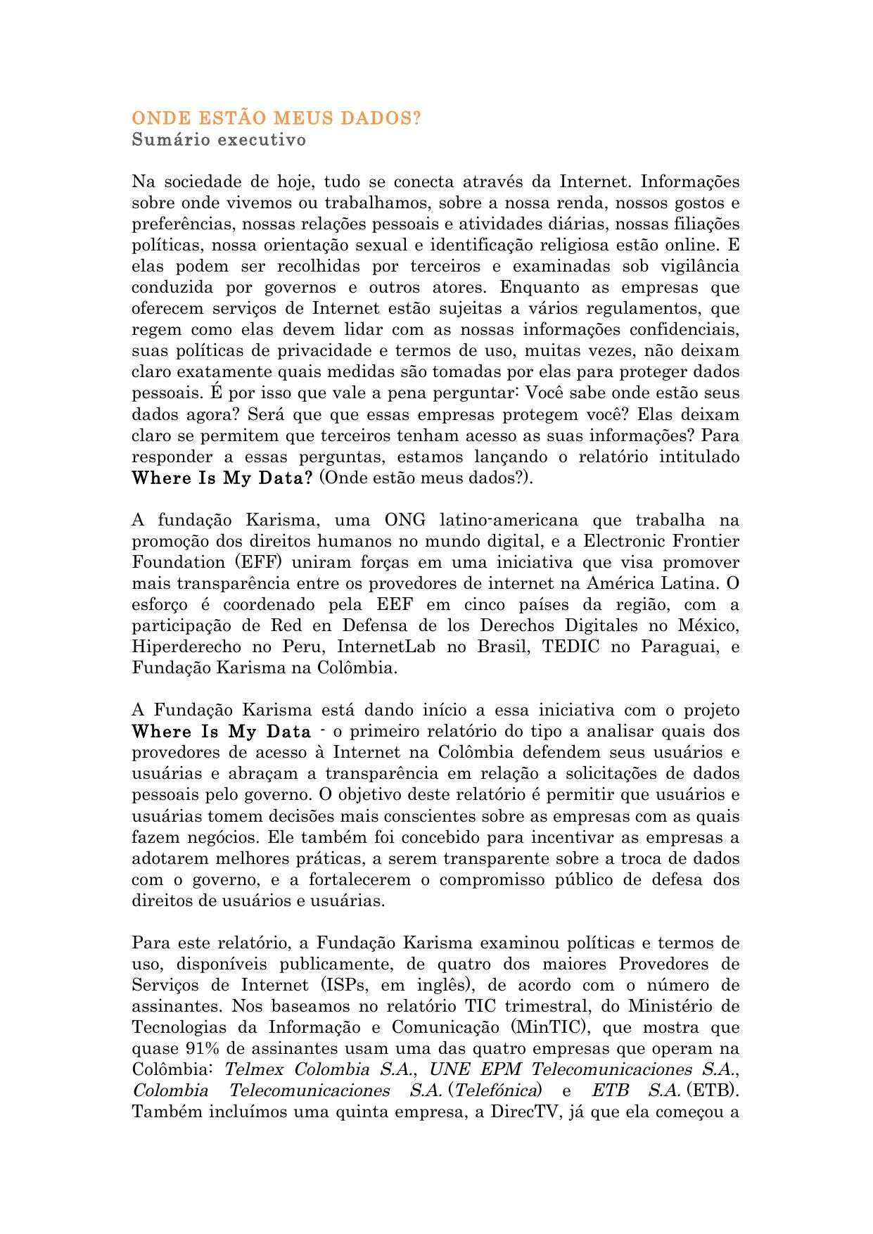 Relatório Onde Estão Meus Dados? 2015